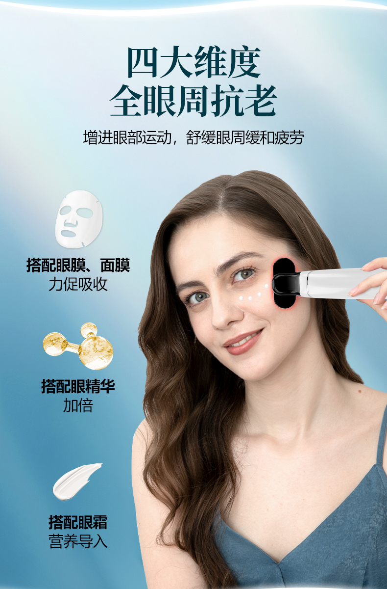 集彩光护肤、高频震动、眼部赋活、提拉眼周、恒温热敷五大功能于一体的美眼仪。